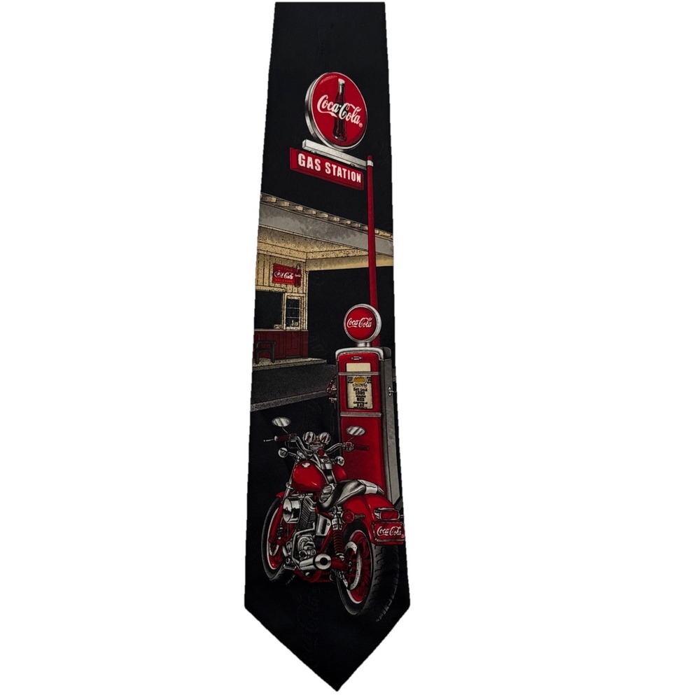 Coca-Cola Necktie Mens Motorcycle Gas Station Graphic Novelty Tie 57”x4”